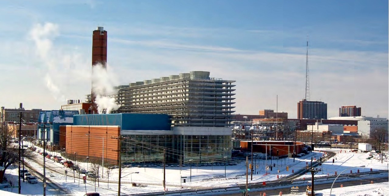 Aerial view of UC's cogeneration plant along Jefferson Avenue.