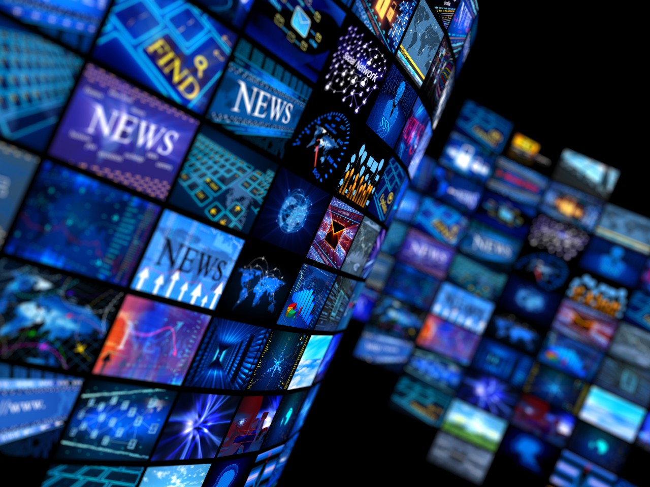 multiple screens tuned to televsion news