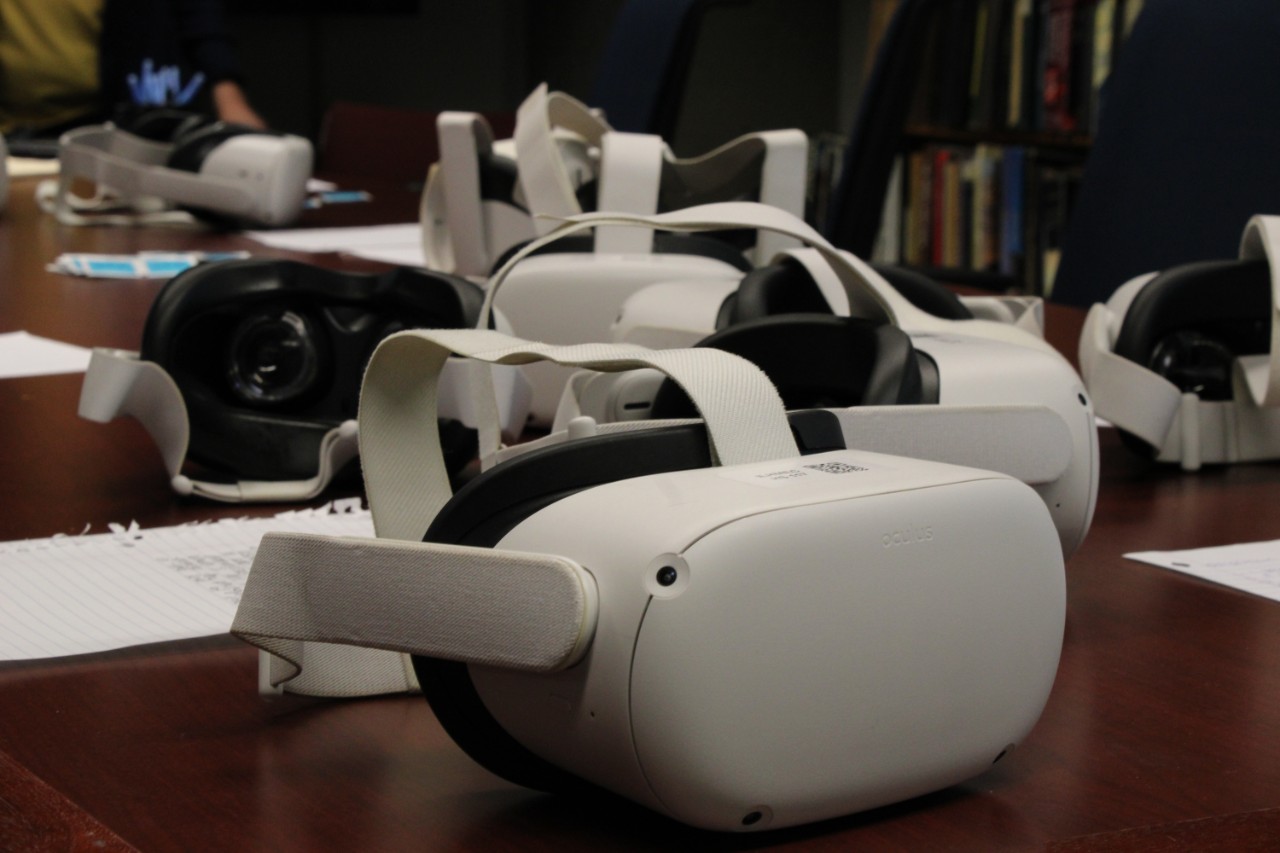 Oculus headsets used by students during the VR experience. Photo/Rowan Hetzer