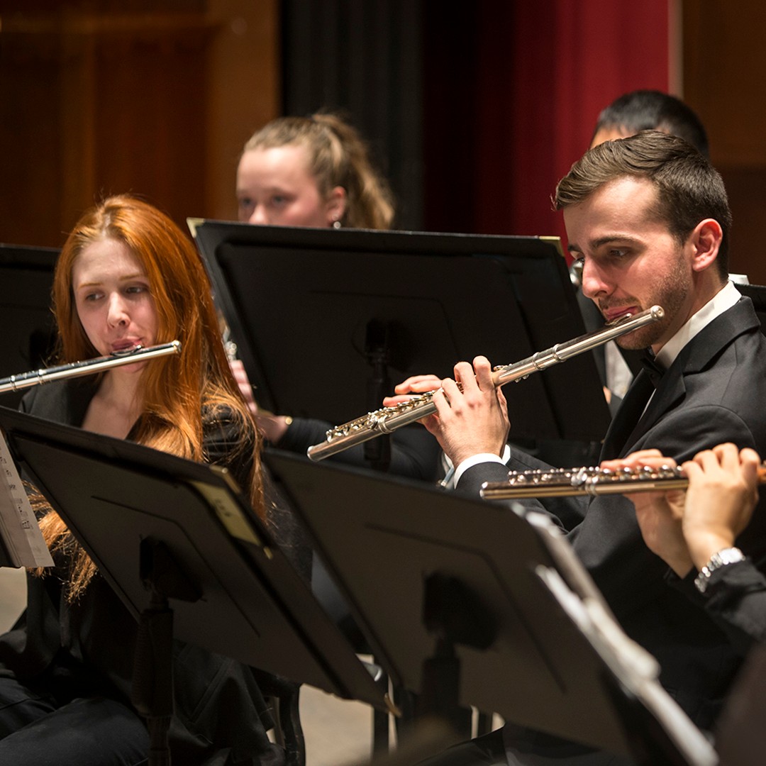 CCM wind ensembles rehearse in the newly renovated Patricia Corbett Auditorium.