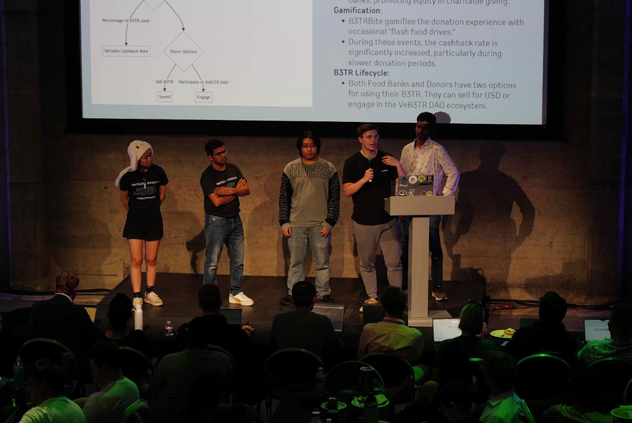 University of Cincinnati students Daniel Vennemeyer and Phan Anh “Rai” Duong, along with the rest of their team, present their product at the EasyA x VeChain Bay Area Hackathon.