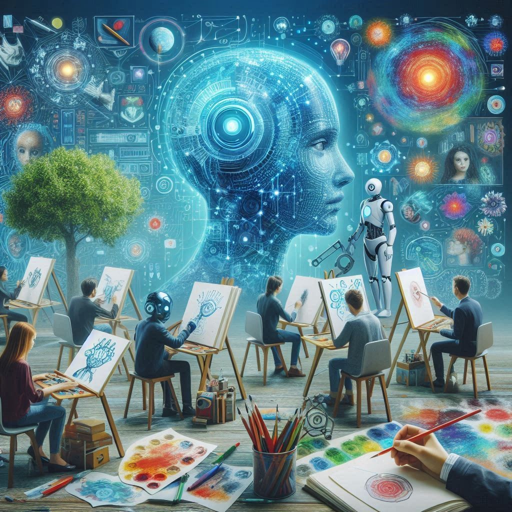 AI-generated art of people and robots painting created using Bing Image Creator 4.