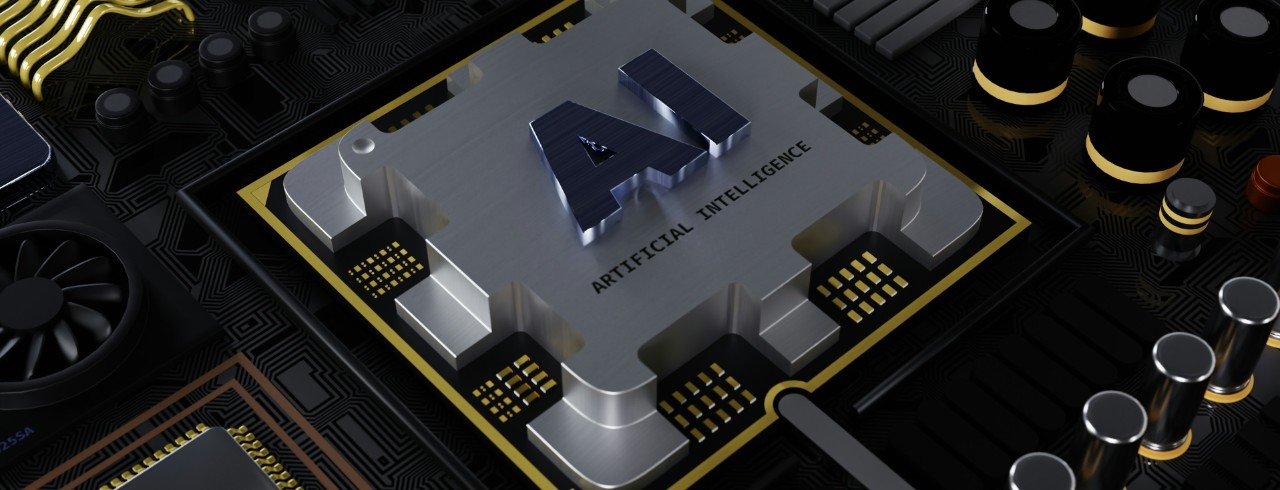 Computer chip with AI written on it.