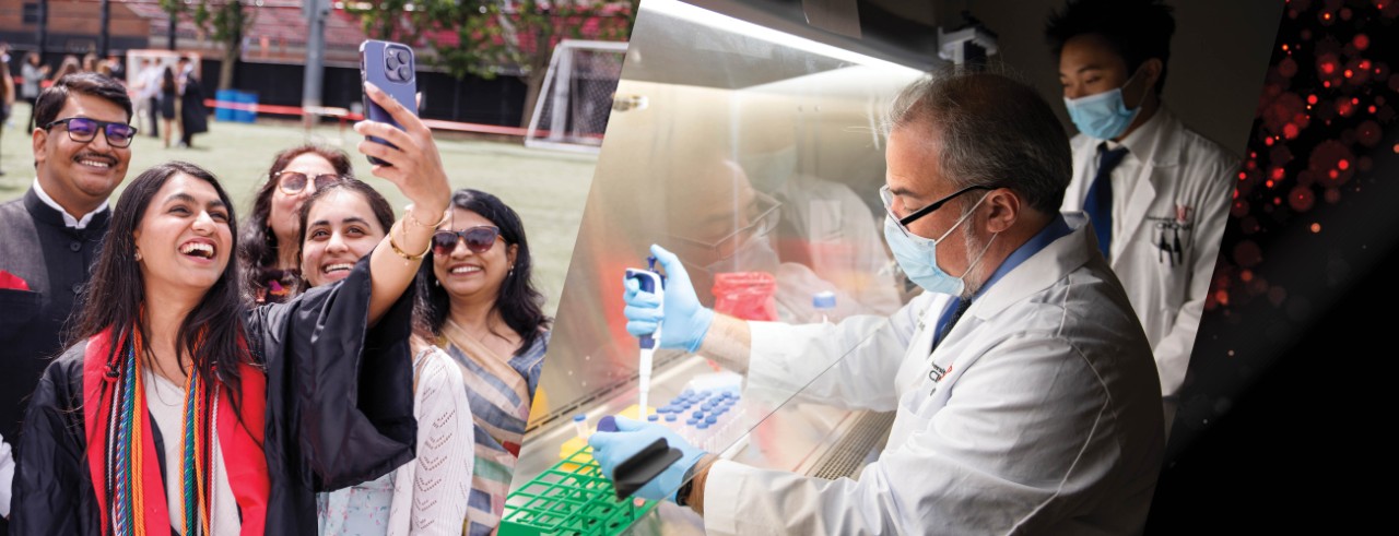 Student taking selfie with family at commencement. Two people wearing white coats and masks in a lab.
