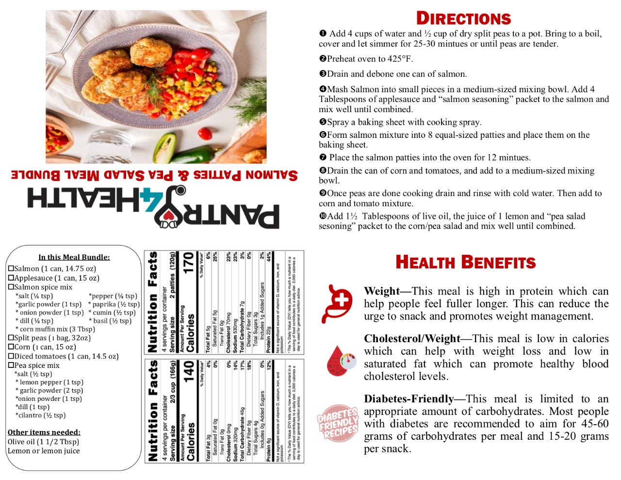 Recipe for salmon patties and pea salad.