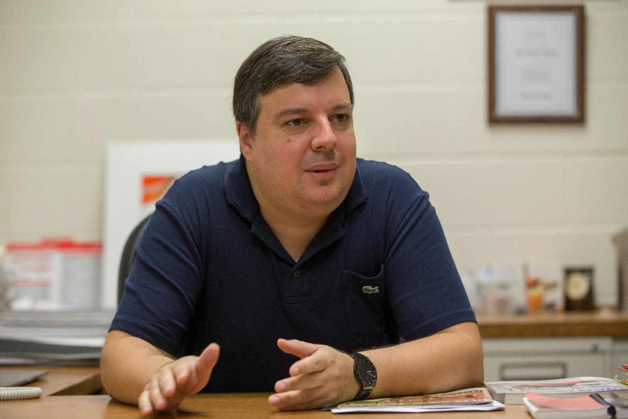 University Cincinnati Alexandre B. Sousa, Ph.D. assistant professor shown here in his office and Lab at Geo-Physics building. UC/Joseph Fuqua II 