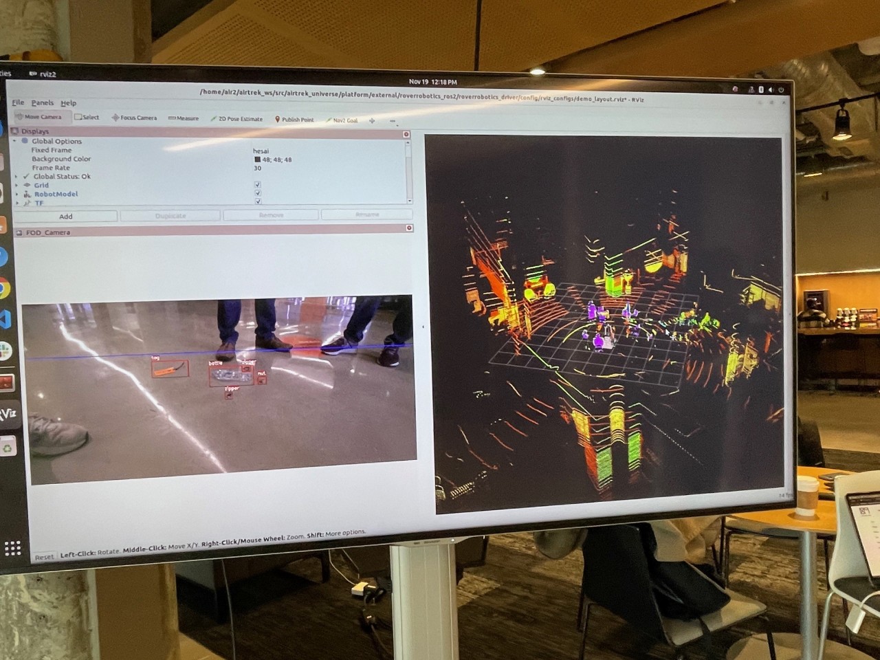 A television scren shows how the Airtrek robot identifies, tracks and reports foreign debris.