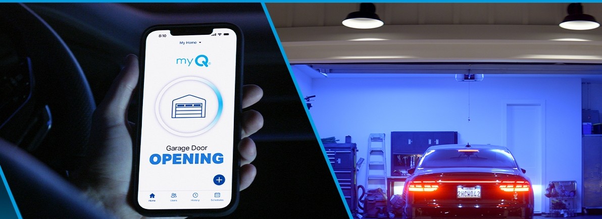 hand holding a cell phone with the garage door app MyQ pulled up on the screen