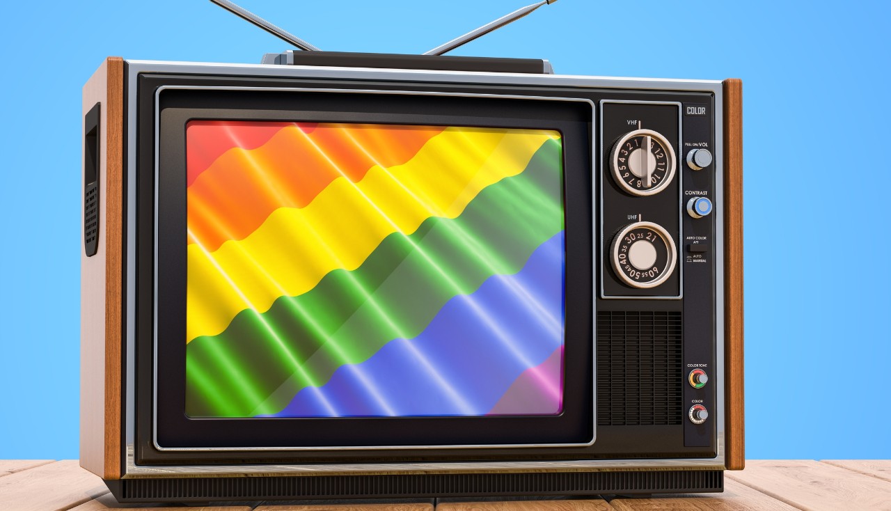 televsion screen with rainbow waves inside