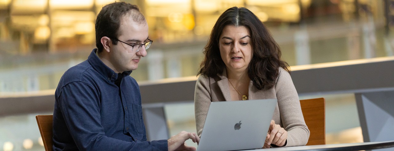 Ajai Nelson and Pooja Khatri sit at a table and look at a laptop