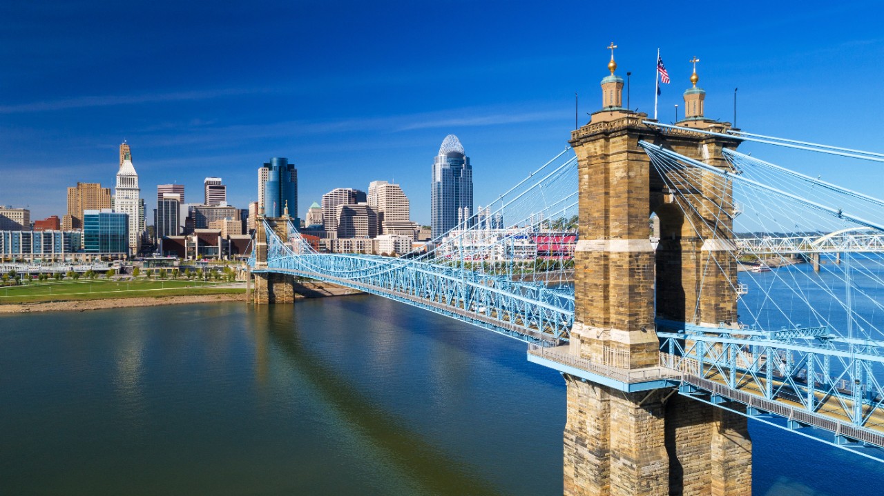 image of the Roebling Bridge over the Ohio Riverwith high rise buildings in downtown Cincinnati in the background
