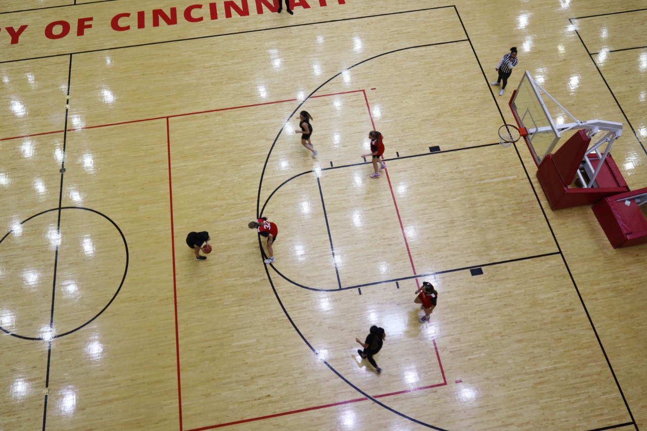 An overhead shot of one of the games during the UCPD 3v3 Scholarship Basketball Tournament.