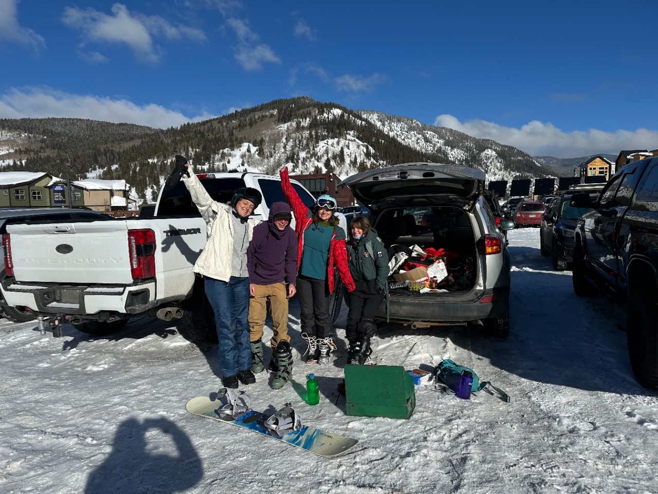 UC students in ski gear getting ready to hit the slopes in Colorado. 