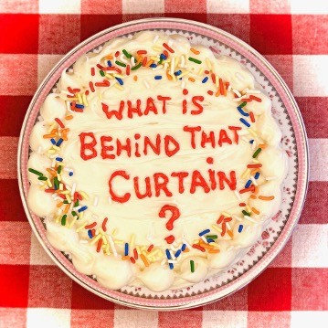 Student-designed promotional graphic for "What's Behind the Curtain."