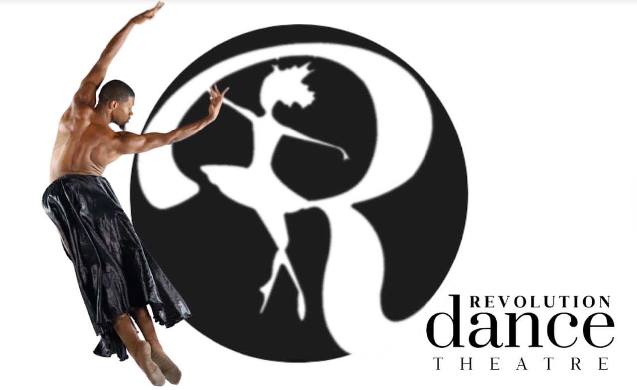 Black man from behind as he jumps in the air curving arms around a black and white dance symbol with words in lower right corner stating, "Revolution Dance Theater."