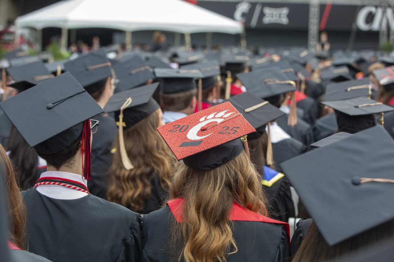 images shows a sea of students in graduation caps and only their heads are visible