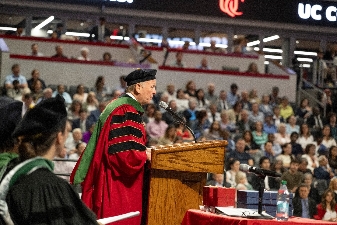 Dr. Neville G. Pinto, president of University of Cincinnati and University of Cincinnati Gregory Postel, MD Executive Vice President for Health Affairs and Christian R. Holmes Professor and dean of the College of Medicine shown here during the University of Cincinnati College of Medicine Honor day Graduation ceremony on Saturday May 3, 2025 at Fifth Third Arena. Photo by Joseph Fuqua II 