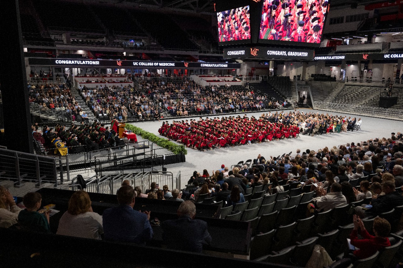 Dr. Neville G. Pinto, president of University of Cincinnati and University of Cincinnati Gregory Postel, MD Executive Vice President for Health Affairs and Christian R. Holmes Professor and dean of the College of Medicine shown here during the University of Cincinnati College of Medicine Honor day Graduation ceremony on Saturday May 3, 2025 at Fifth Third Arena. Photo by Joseph Fuqua II 