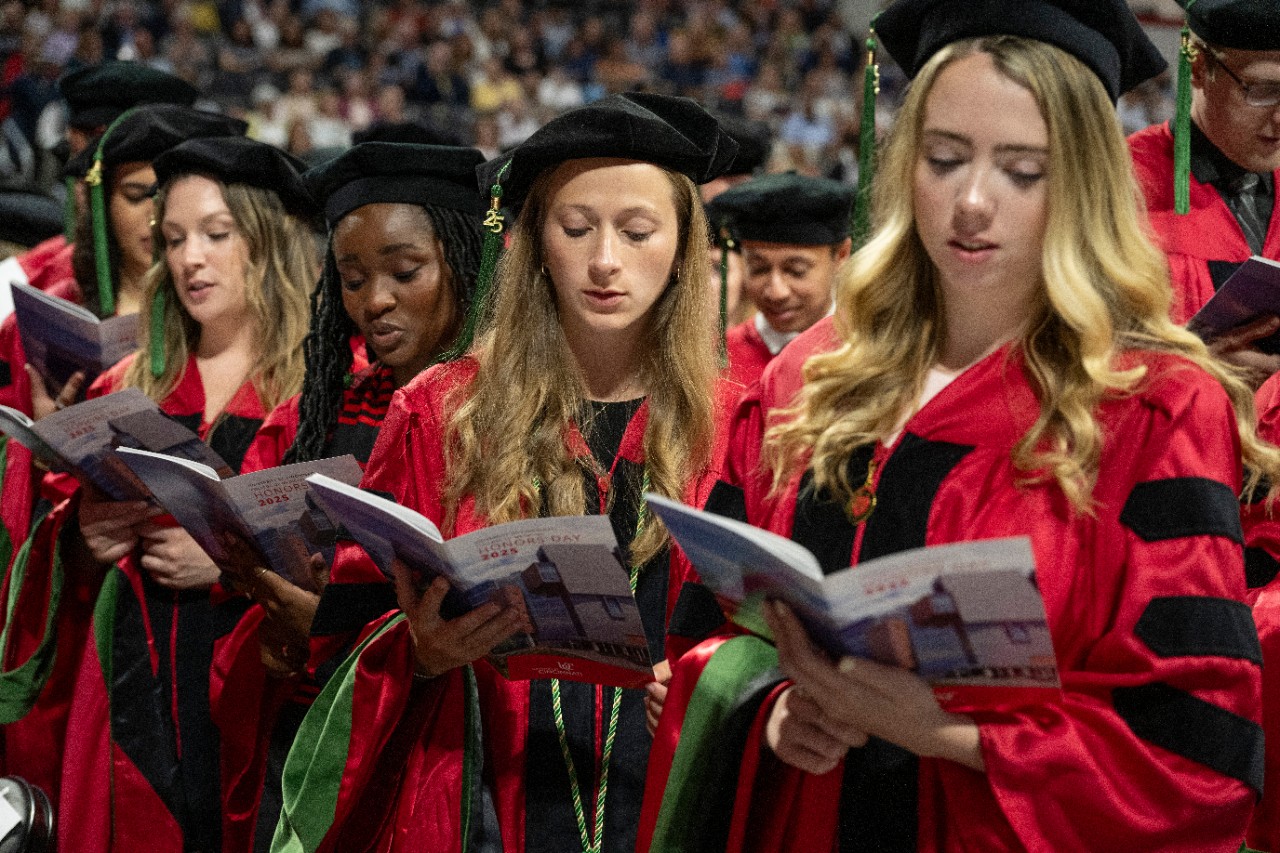 Dr. Neville G. Pinto, president of University of Cincinnati and University of Cincinnati Gregory Postel, MD Executive Vice President for Health Affairs and Christian R. Holmes Professor and dean of the College of Medicine shown here during the University of Cincinnati College of Medicine Honor day Graduation ceremony on Saturday May 3, 2025 at Fifth Third Arena. Photo by Joseph Fuqua II 