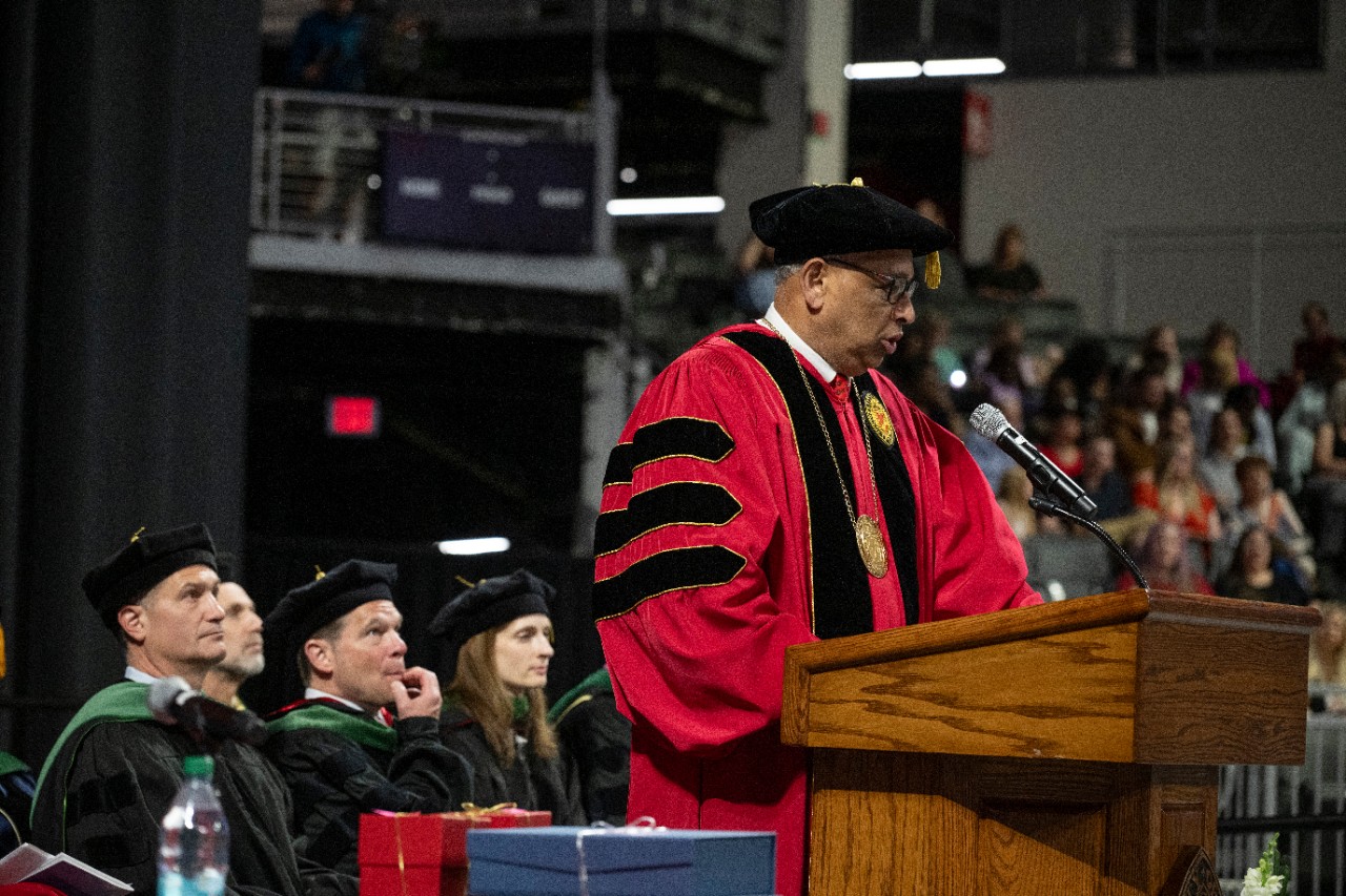 Dr. Neville G. Pinto, president of University of Cincinnati and University of Cincinnati Gregory Postel, MD Executive Vice President for Health Affairs and Christian R. Holmes Professor and dean of the College of Medicine shown here during the University of Cincinnati College of Medicine Honor day Graduation ceremony on Saturday May 3, 2025 at Fifth Third Arena. Photo by Joseph Fuqua II 