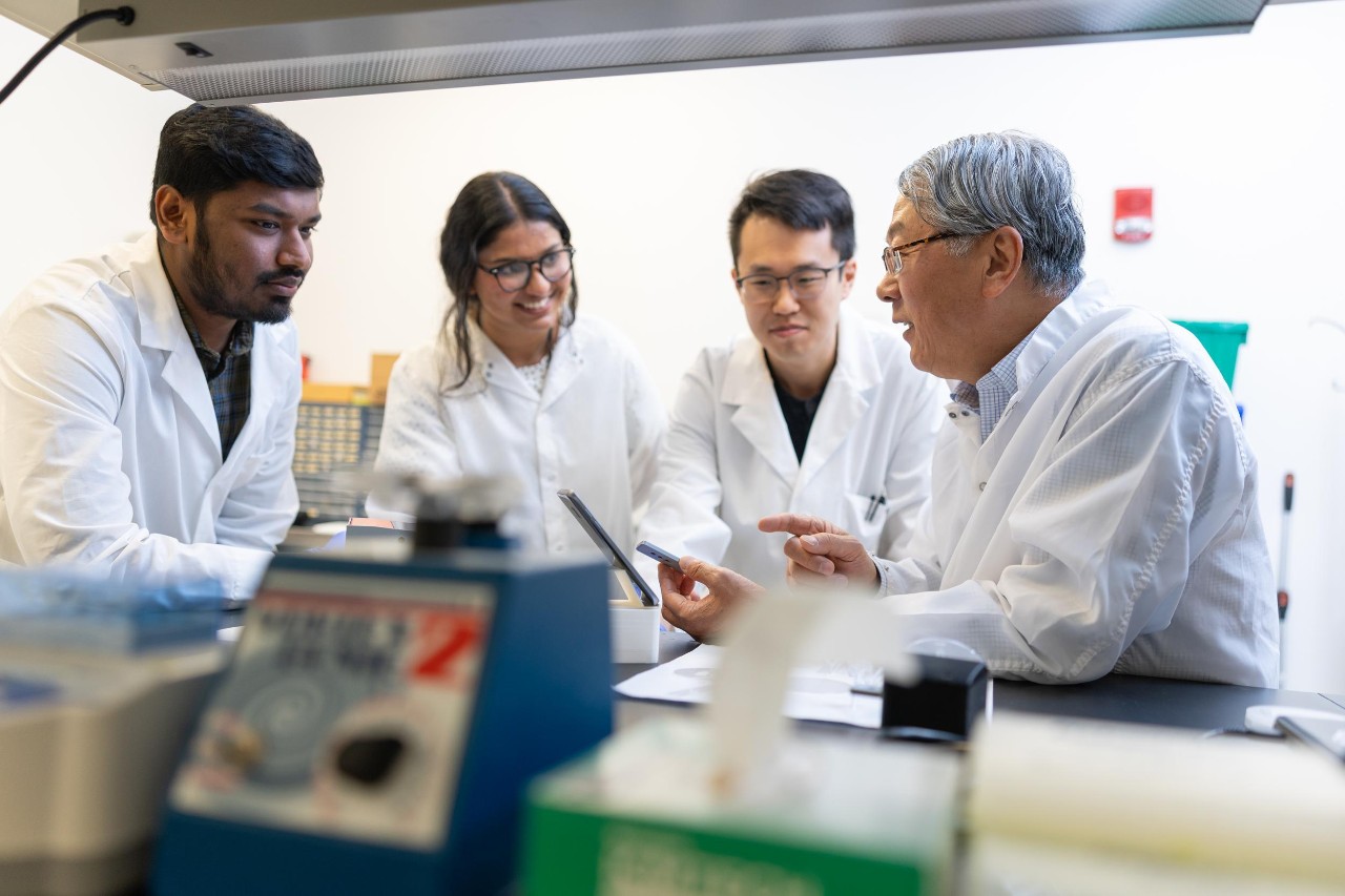 UC College of Engineering and Applied Science Professor Chong Ahn is developing a new test that can measure stress hormones from saliva.Also pictured:Doctoral student Heeyong JangDoctoral student Supreeth Setty (beard)Master's student Varsha Lingam
