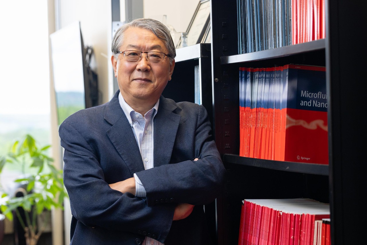 UC College of Engineering and Applied Science Professor Chong Ahn is developing a new test that can measure stress hormones from saliva.Also pictured:Doctoral student Heeyong JangDoctoral student Supreeth Setty (beard)Master's student Varsha Lingam