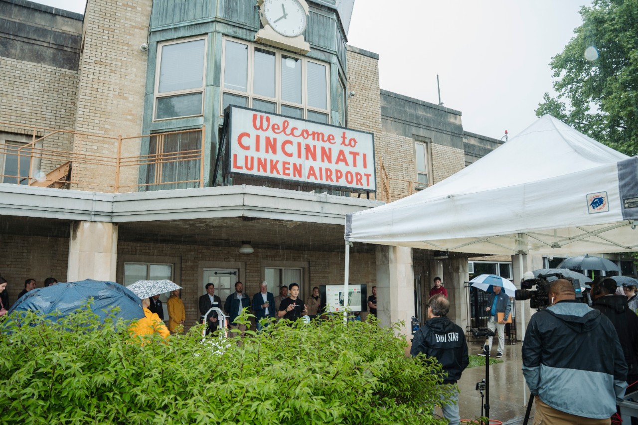 Frontal view of Lunken Airport's historic terminal. 
