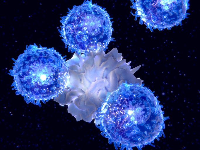 An illustration of CAR-T therapy, with blue circular T cells surrounding and attacking a gray, oblong cell in front of a black background