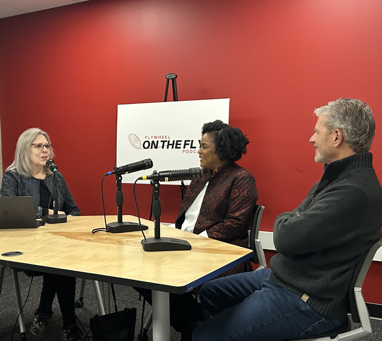Kaup leading a podcast in the 1819 broadcast booth. Photo/Flywheel Social Enterprise Hub