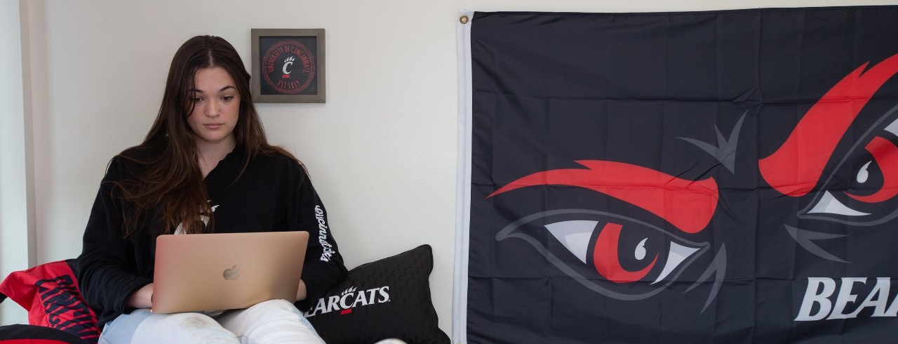 Student on laptop researching what to major in