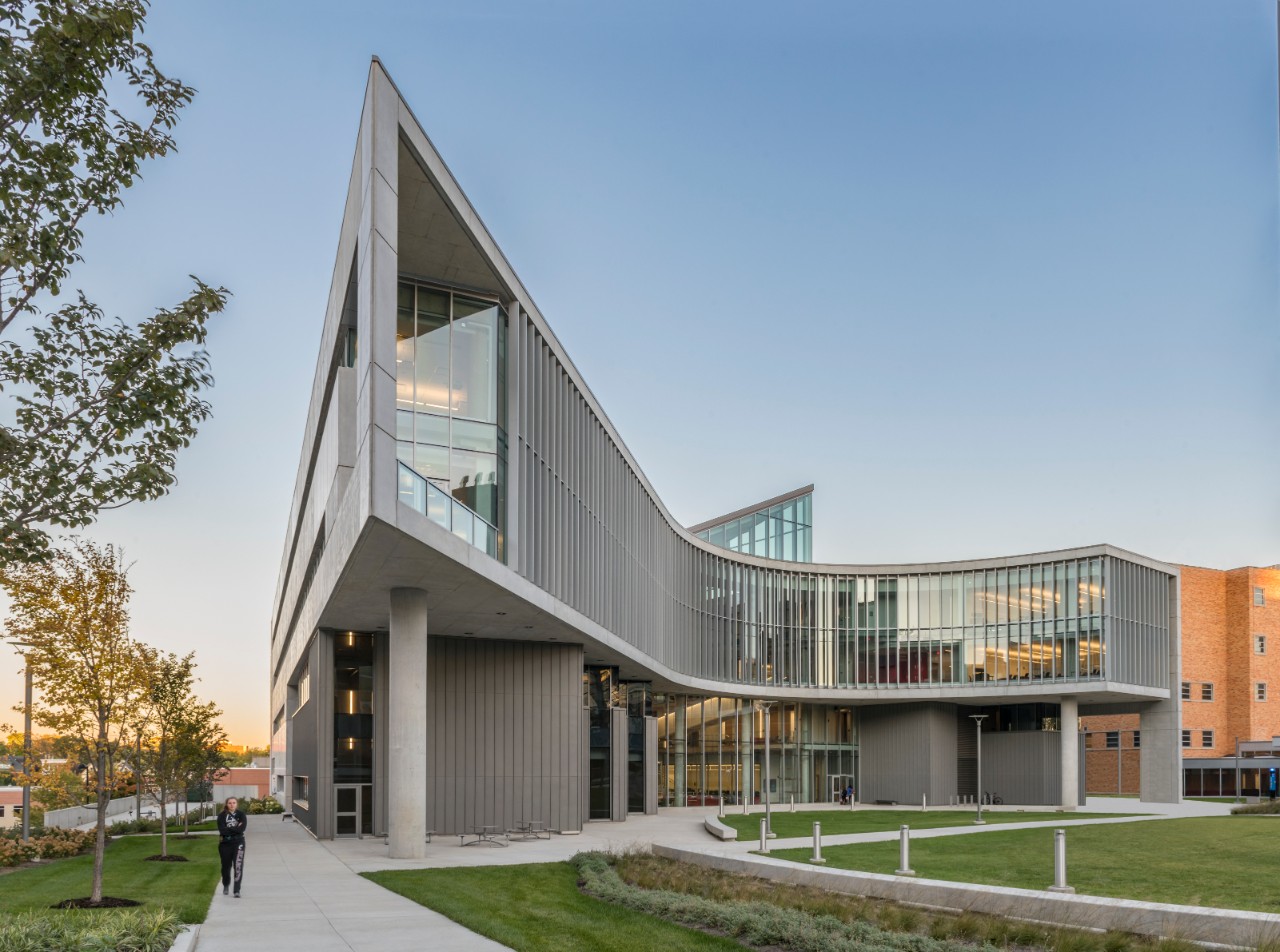 The Health Sciences Building at dusk