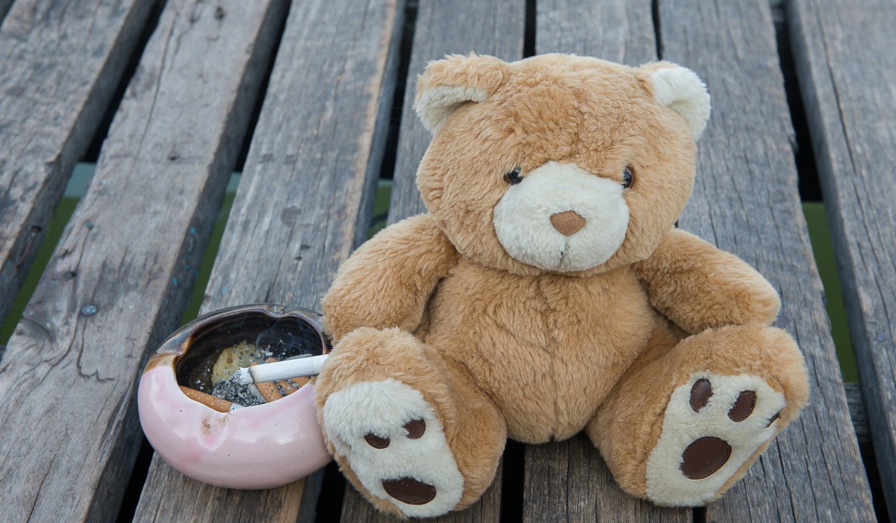 Teddy bear sitting next to an ashtray