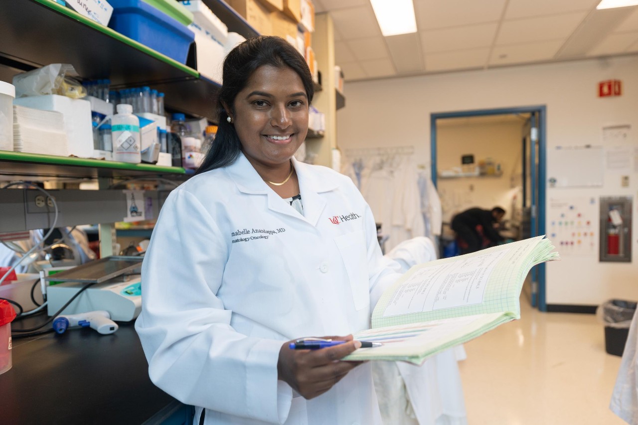Annabelle Anandappa, MD, a Cancer Center physician researcher who just received two major national research awards to fund her work as a young investigator, works in her lab in Cincinnati Children's.