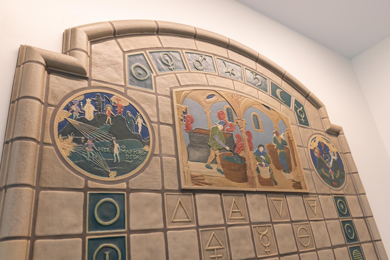 A closeup of the Rookwood fountain's tile mosaic.