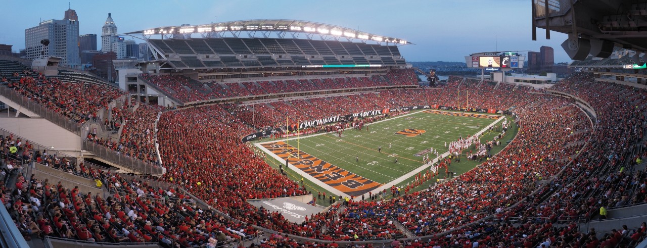 A Cincinnati Bearcats football game is played at Paul Brown Stadium, home of the Cincinnati Bengals.