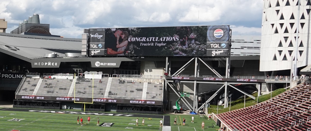Taylor Swift and Travis Kelce's engagement photo on Nippert Stadium's jumbotron