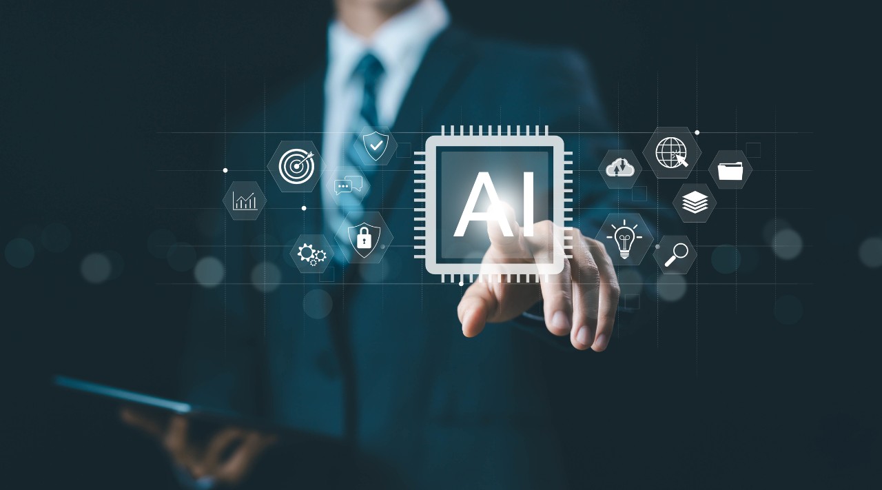 man in suit behind a glass display touching AI graphic