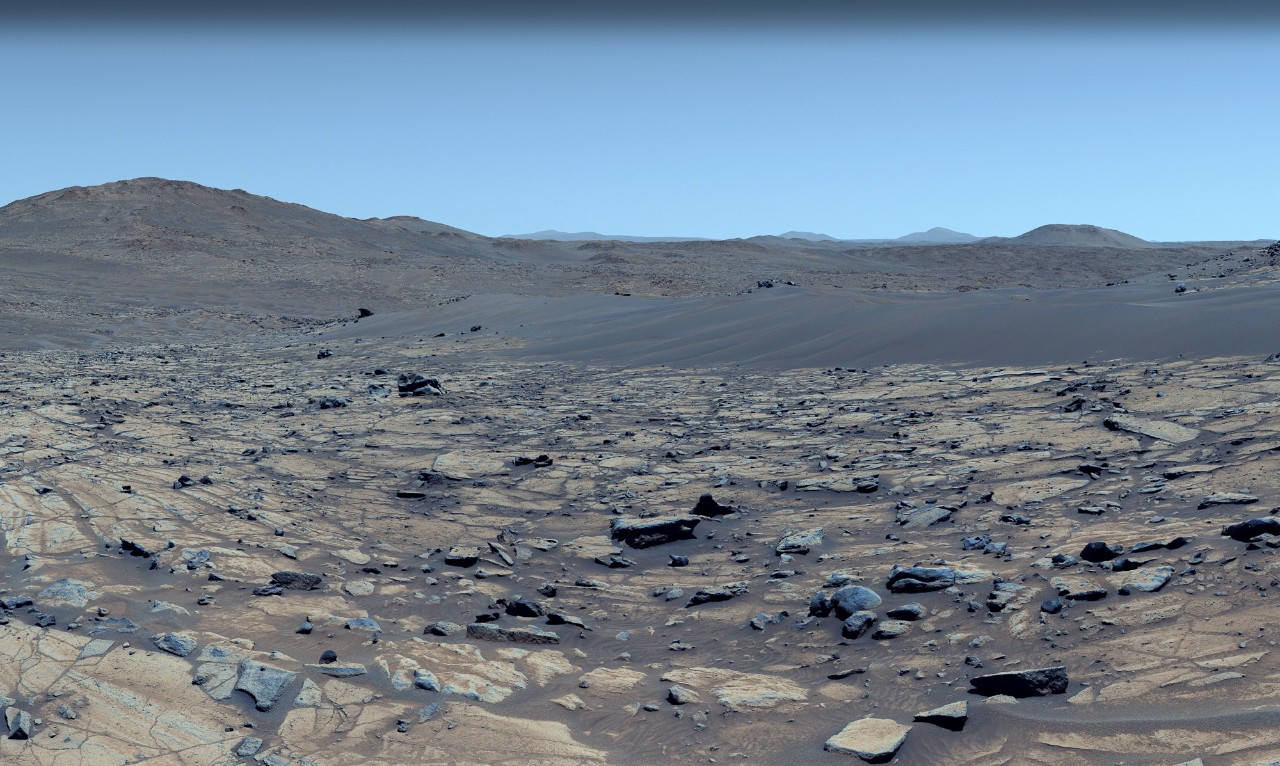 A color-corrected panorama of Mars as the scenery might appear on Earth.