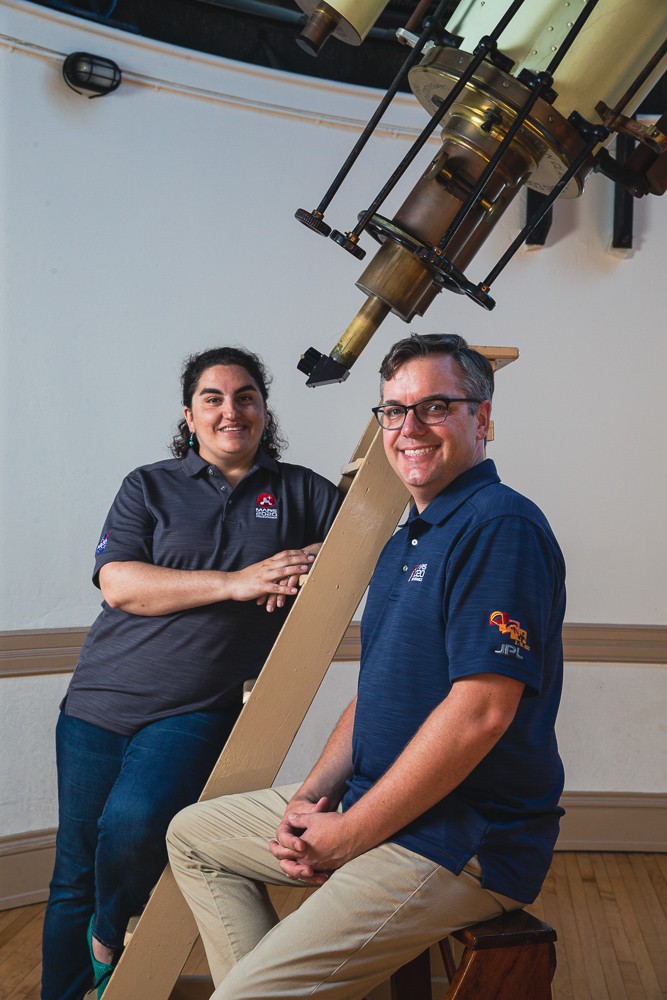 UC geology professor Andy Czaja and student Andrea Corpolongo, posing at the Cincinnati Observatory, are part of NASA's Perseverance science team looking for evidence of ancient life on Mars.