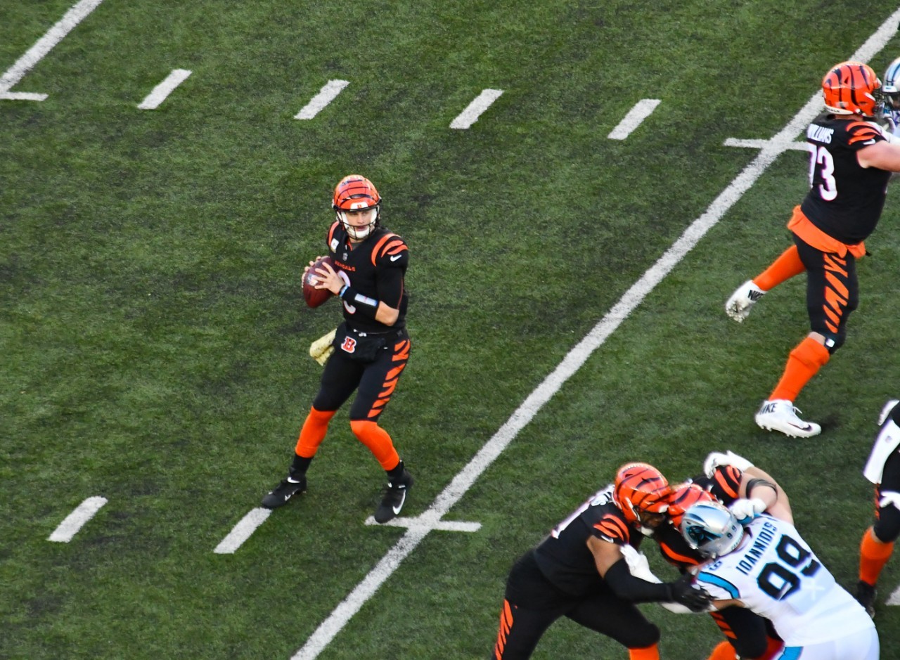 Bengals quarterback Joe Burrow drops back to throw a pass on the football field in 2022.