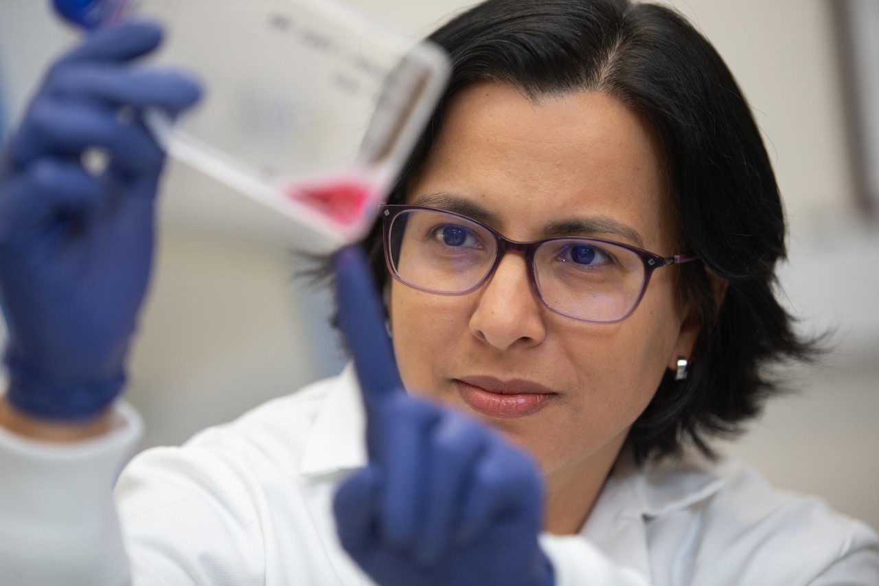 Noelia Lander holds up a vial in her biology lab.
