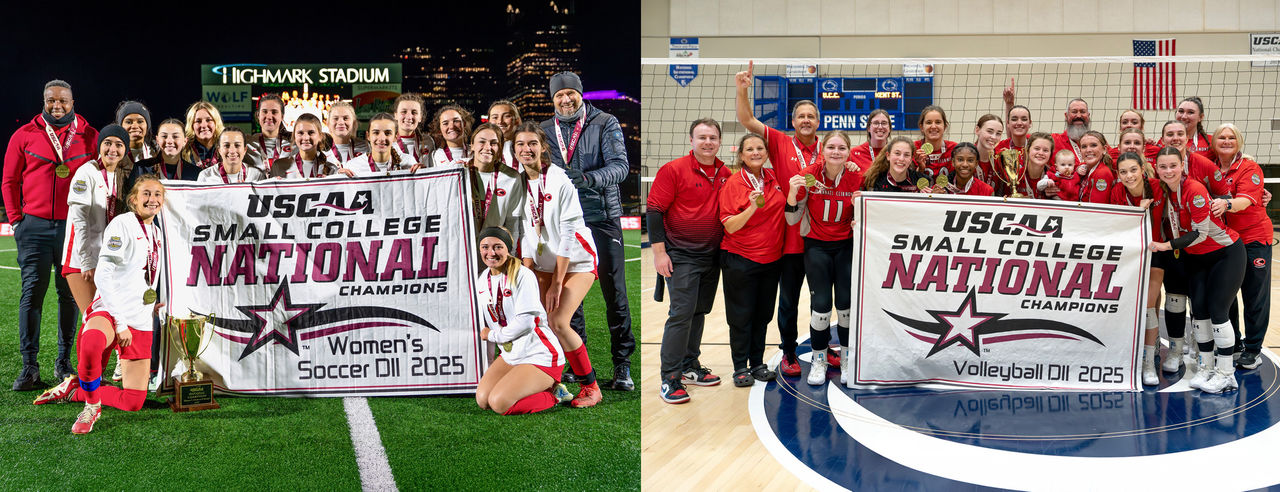 Left - 2025 UC Clermont women's soccer team with a national champions banner. Right - 2025 UC Clermont volleyball team with a national champions banner. 