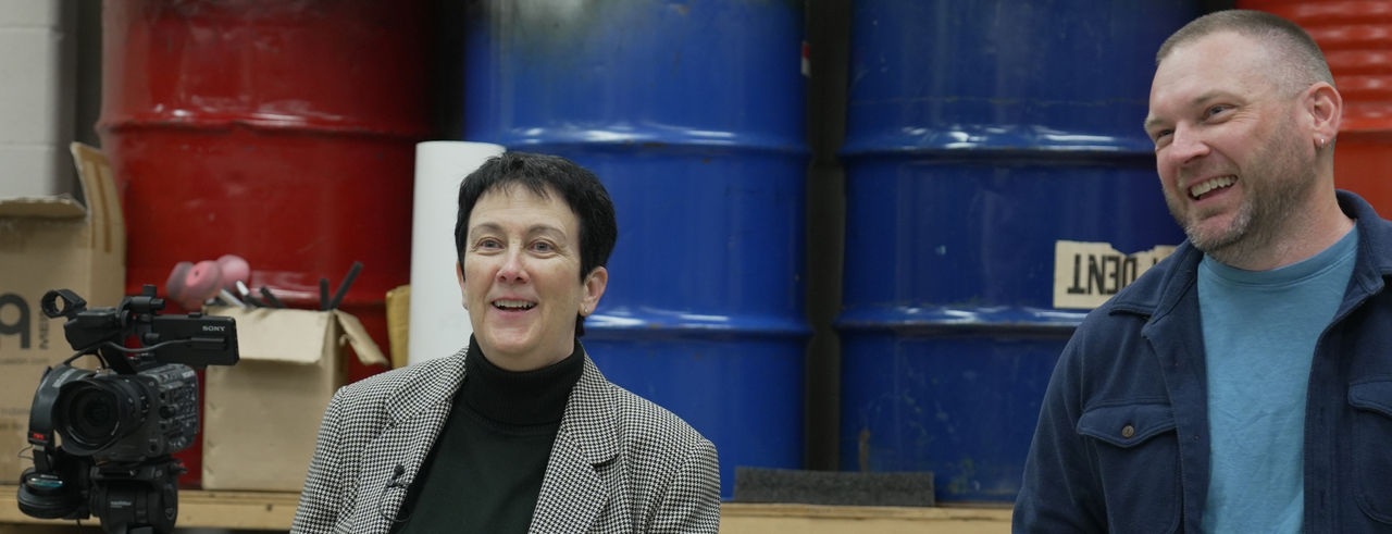 A photograph of award-winning composer Jennifer Higdon visiting a CCM rehearsal alongside Assistant Professor of Percussion Adam Groh. Photo/Angelo Anton