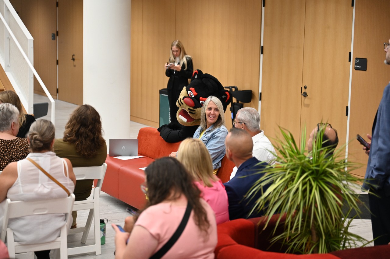 The Bearcat visits with UC Law families during Orientation Week. 