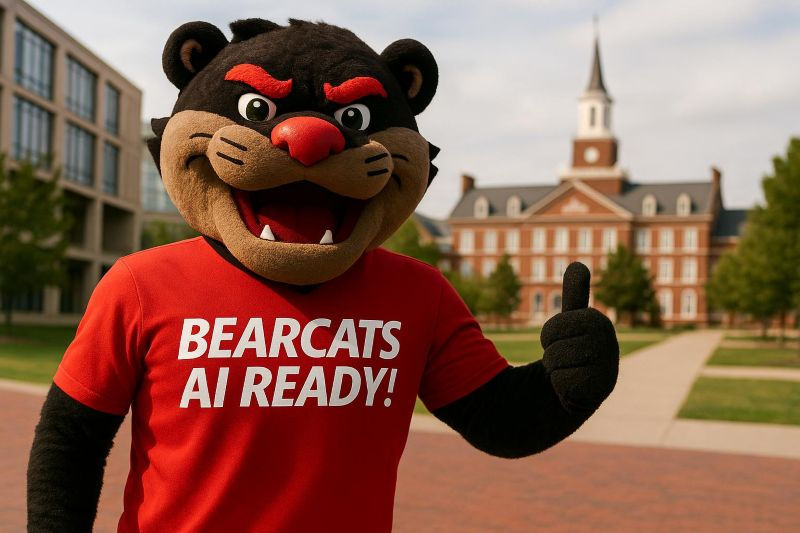 An example of an AI-generated image of the UC Bearcat mascot with an AI Ready t-shirt.