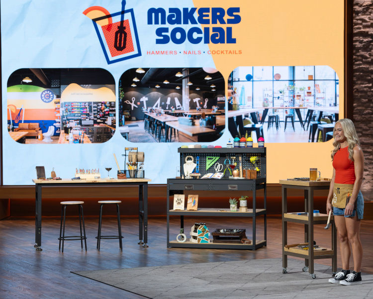 Megan Pando on set on ABC's show Shark Tank pitching her company, Makers Social.