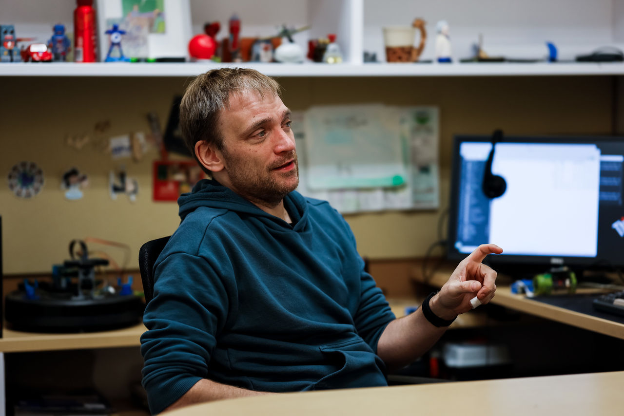 Dieter Vanderelst talks in his office.