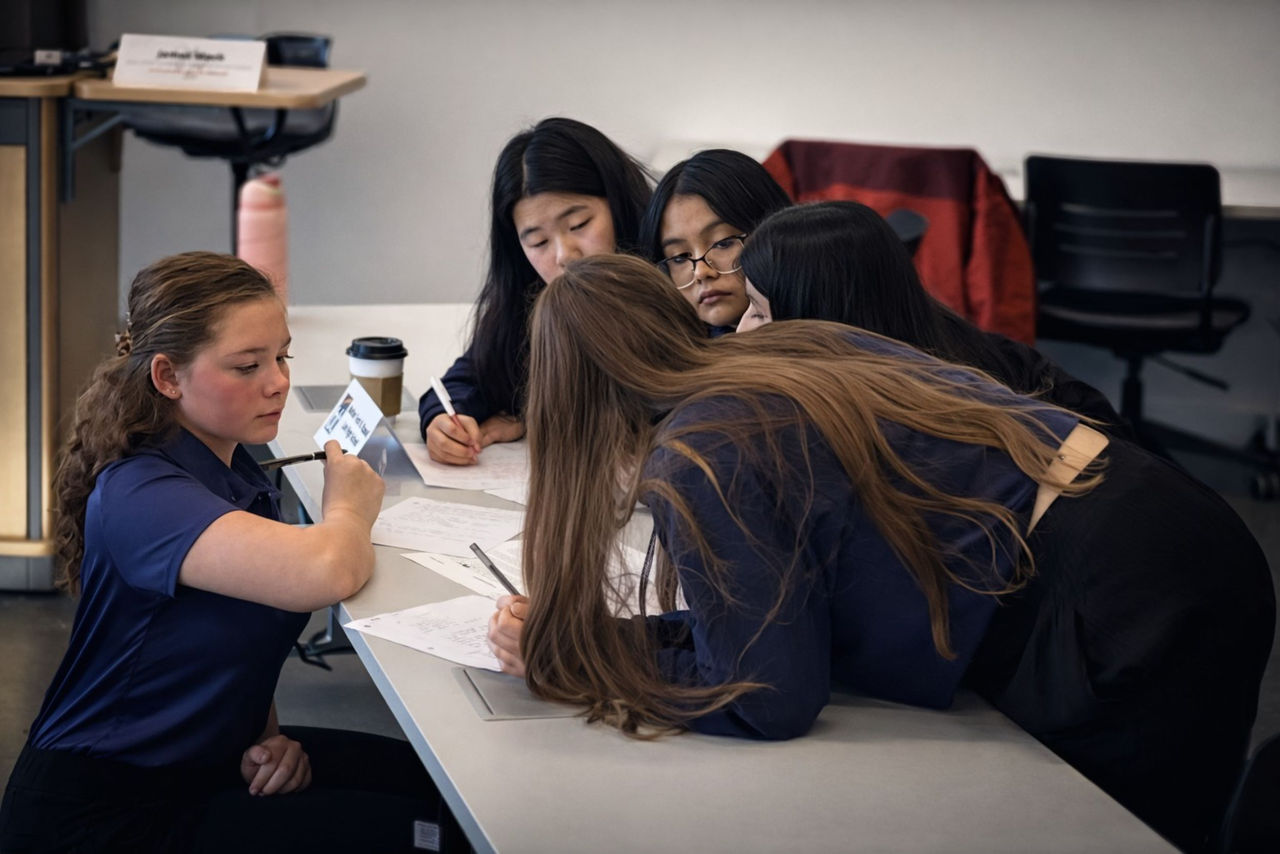 Five high school girls from Butler Tech High huddle at their station during a previous ethics bowl match