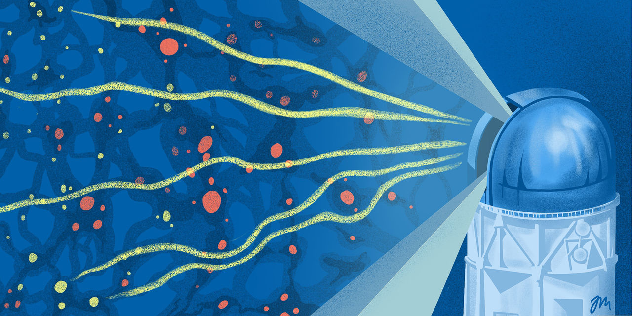 An illustration shows an observatory scanning the sky with orange and yellow dots and curvy lines.