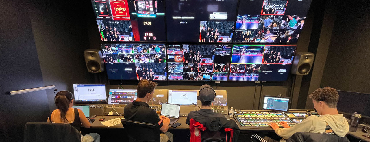 Media Production students working on a broadcast in CCM's new sports media control room. 
